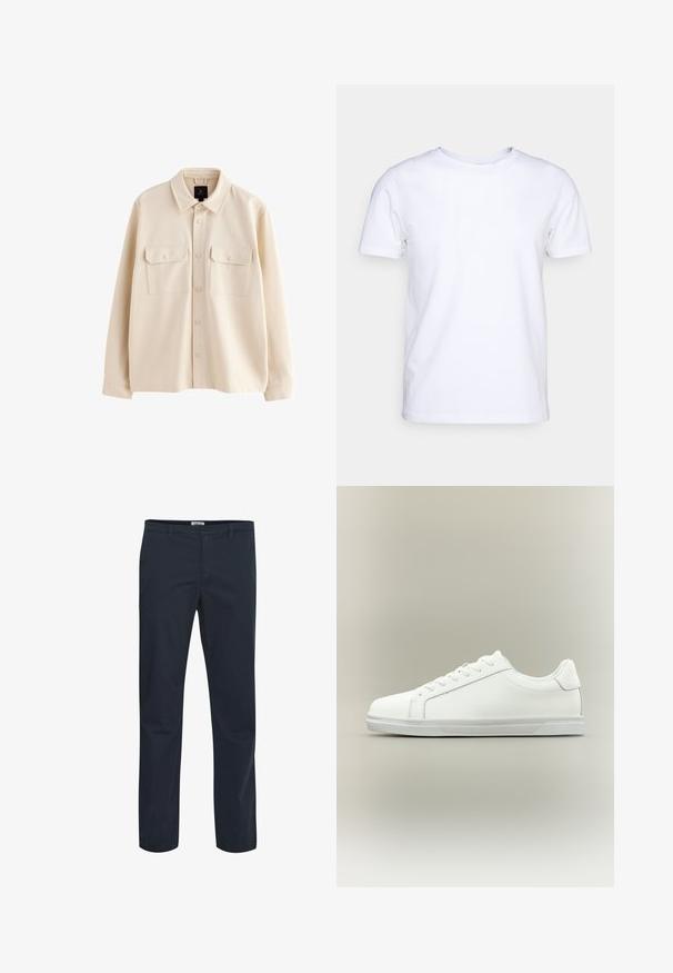 Cazadora camisa beige de manga larga con cuello, cierre de botones y dos bolsillos en el pecho con solapas y botones.; Camiseta blanca de manga corta en tejido de algodón con cuello redondo. Diseño simple sin patrones ni acentos. Textura suave.; Pantalones azul marino fabricados con tejido de mezcla de algodón. Presentan un diseño clásico con bolsillos frontales y cremallera. Textura suave.; Zapatilla blanca de caña baja con cordones al frente y suela de goma texturizada sobre un fondo neutro y sencillo.