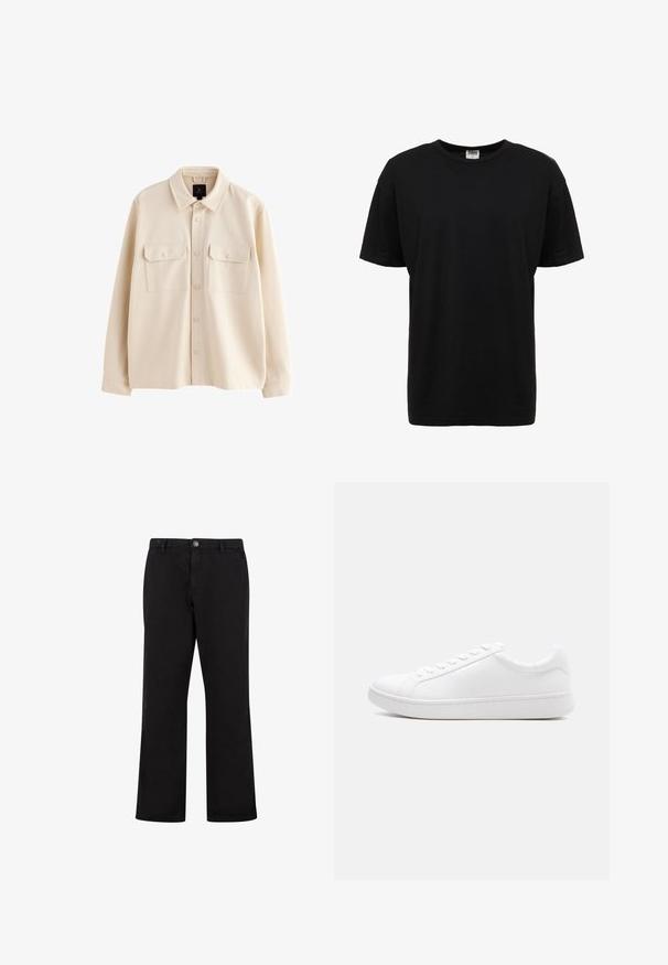 Beige overhemdjas met lange mouwen, kraag, knoopsluiting aan de voorkant en twee borstzakken met klep en knopen.; Zwart katoenen T-shirt met ronde hals, korte mouwen, standaard pasvorm, soepele textuur en geen zichtbare patronen of accenten.; Zwarte rechte broek met knoopsluiting aan de voorkant, riemlussen en zijzakken, getoond op een witte achtergrond.; Witte lage sneaker met veterluiting, glad leren bovenwerk en dikke rubberen zool, zijaanzicht op een effen achtergrond.