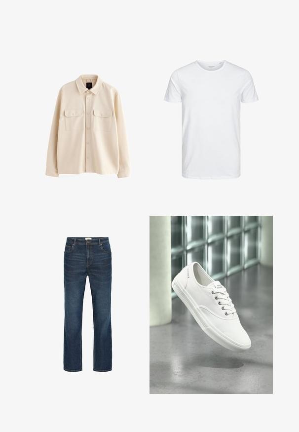 Beige langärmelige Hemdjacke mit Kragen, Knopfleiste vorne und zwei Brusttaschen mit Klappen und Knöpfen.; Rundhals-T-Shirt mit kurzen Ärmeln in reinem Weiß, aus weicher Baumwolle, mit einem schlichten Design ohne sichtbare Muster oder Akzente.; Dunkelblaue Denim-Jeans mit einem geraden Schnitt, fünf Taschen, kontrastierenden Nähten und einem Bund mit einem Metallknopf und Gürtelschlaufen.; Weißer niedriger Canvas-Sneaker mit Schnürsenkeln, beschriftet mit Tommy Hilfiger, schwebt über einem glatten grauen Boden nahe einer Glasbausteinwand.