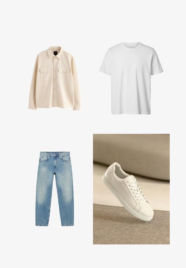 Beige langärmelige Hemdjacke mit Kragen, Knopfleiste vorne und zwei Brusttaschen mit Klappen und Knöpfen.; Schlichtes weißes T-Shirt mit kurzen Ärmeln und Rundhalsausschnitt, lässiger Passform und ohne sichtbare Logos oder Designs auf der Vorderseite.; Blue Jeans mit geradem Bein, vorderen Taschen und Gürtelschlaufen, die leichte Verblassungen an Oberschenkeln und Knien zeigen.; Weißes Leder Sneaker mit weißen Schnürsenkeln, auf einer beigefarbenen strukturierten Oberfläche präsentiert, und einem sanft verschwommenen Hintergrund.
