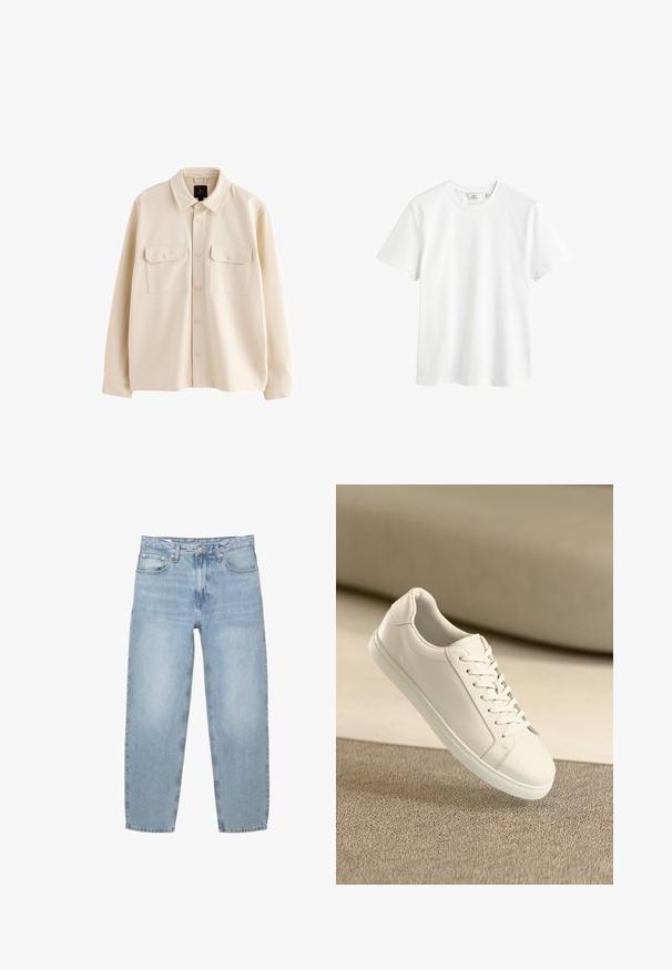 Beige langärmelige Hemdjacke mit Kragen, Knopfleiste vorne und zwei Brusttaschen mit Klappen und Knöpfen.; Weißes Baumwoll-T-Shirt mit Rundhalsausschnitt, kurzen Ärmeln und lässiger Passform. Glatte Textur und keine sichtbaren Muster oder Akzente.; Hellblaue Denim-Jeans, lockere Passform, hoch sitzend, mit fünf Taschen, Knopf- und Reißverschluss, gerade Beine mit leicht ausgefranstem Saum.; Weißes Leder Sneaker mit weißen Schnürsenkeln, auf einer beigefarbenen strukturierten Oberfläche präsentiert, und einem sanft verschwommenen Hintergrund.