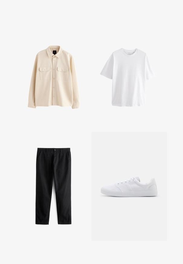 Veste-chemise beige à manches longues avec col, fermeture boutonnée à l'avant et deux poches poitrine à rabat avec boutons.; T-shirt blanc uni à manches courtes et col rond avec une coupe décontractée sur fond blanc.; Pantalons noirs en tissu durable, dotés de deux poches avant, d'une fermeture à bouton, d'un design plat à l'avant et d'une coupe droite.; Baskets en toile blanches avec une semelle en caoutchouc, dotées de six œillets, d'un embout texturé et d'un design minimaliste.