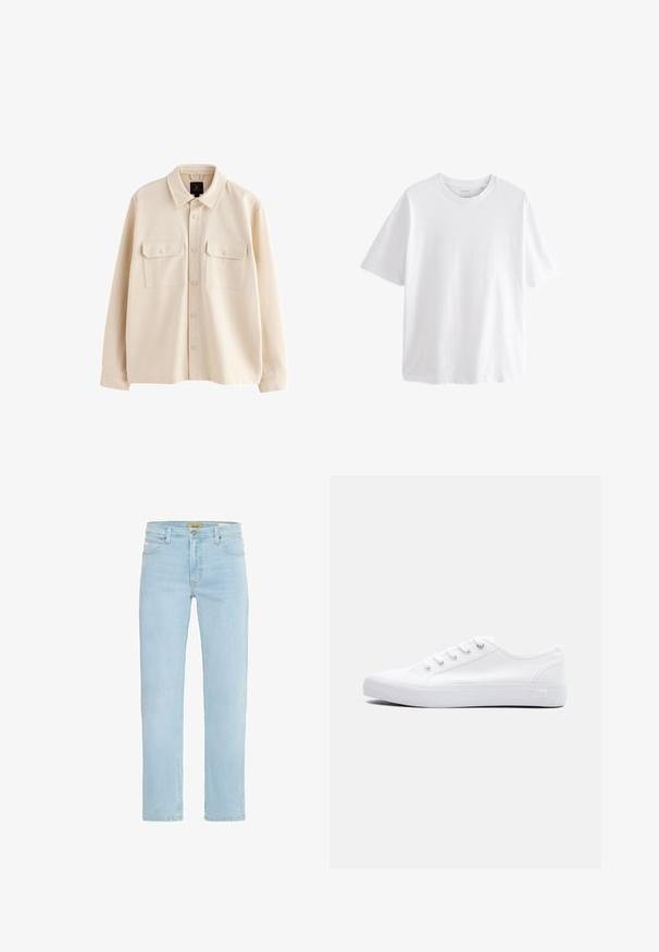 Beige langärmelige Hemdjacke mit Kragen, Knopfleiste vorne und zwei Brusttaschen mit Klappen und Knöpfen.; Schlichtes weißes T-Shirt mit kurzen Ärmeln und Rundhalsausschnitt in entspannter Passform vor weißem Hintergrund.; Hellblaue Denim-Jeans mit geradem Schnitt, traditionellem Fünf-Taschen-Design sowie einem Messingknopf und Reißverschlussverschluss vorne.; Weißer Sneaker aus Leinwand mit niedrigem Schaft, weißen Schnürsenkeln, Gummisohle und Metallösen, von der Außenseite auf einem schlichten Hintergrund gezeigt.
