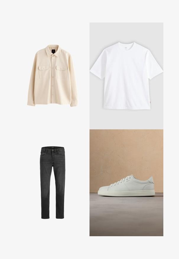 Beige langærmet skjortejakke med krave, forside med knapper og to brystlommer med klapper og knapper.; Hvid t-shirt med korte ærmer lavet af bomuld, med rund hals og lige snit. Mærke synligt på den nederste side af kanten.; Sorte denim jeans med lige pasform, fem-lomme design og lynlås. Har diskret falmning og kontrastsyninger.; Hvid lædersneaker med en glat tekstur, rund snude og flade snørebånd. Har et diskret logo og en letvægts sål.