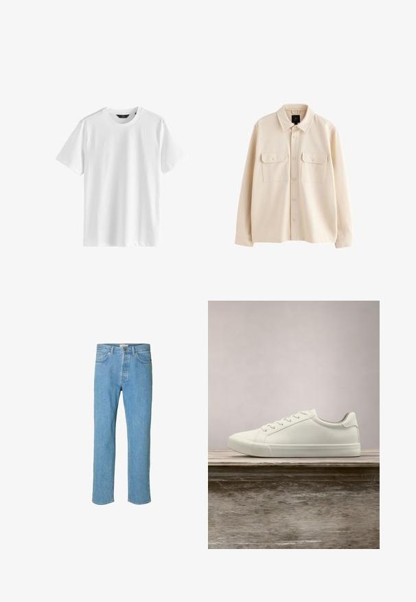 Veste-chemise beige à manches longues avec col, fermeture boutonnée à l'avant et deux poches poitrine à rabat avec boutons.; T-shirt blanc uni à manches courtes et col rond, en tissu lisse avec une étiquette noire au col.; Jean en denim bleu clair avec une coupe droite. Les caractéristiques incluent une fermeture à bouton, cinq poches et des surpiqûres le long des coutures.; Sneaker en dentelle blanche flottant au-dessus d'un banc en bois avec un feuillage vert en arrière-plan, mettant en valeur le design et la texture de la chaussure.