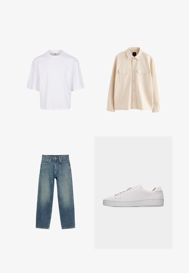 Beige langærmet skjortejakke med krave, forside med knapper og to brystlommer med klapper og knapper.; Hvid t-shirt med korte ærmer, der har en rund halsudskæring og en afslappet pasform, lavet af et glat bomuldsblandingsstof. Ingen mønstre eller udsmykninger.; Blå straight-leg jeans i denim med frontlommer, bæltestropper og knaplukning, vist mod en hvid baggrund.; Hvid lædersneaker med lavt snit, hvide snørebånd, flad, tekstureret gummisål og minimal syning, vist fra ydersiden på en hvid baggrund.
