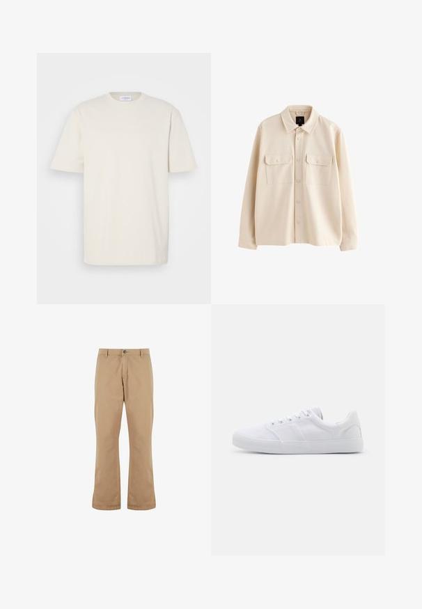 Beige overhemdjas met lange mouwen, kraag, knoopsluiting aan de voorkant en twee borstzakken met klep en knopen.; Korte mouwen t-shirt in gebroken wit, gemaakt van katoen. Klassiek ontwerp met ronde hals en een rechte snit met minimale stikseldetails.; Beige katoenen broek met een rechte snit, voorzien van een knoopsluiting, zijzakken en een gladde textuur.; Witte canvas sneakers met een rubberen zool, voorzien van zes oogjes, een gestructureerde neuskap en een minimalistisch ontwerp.
