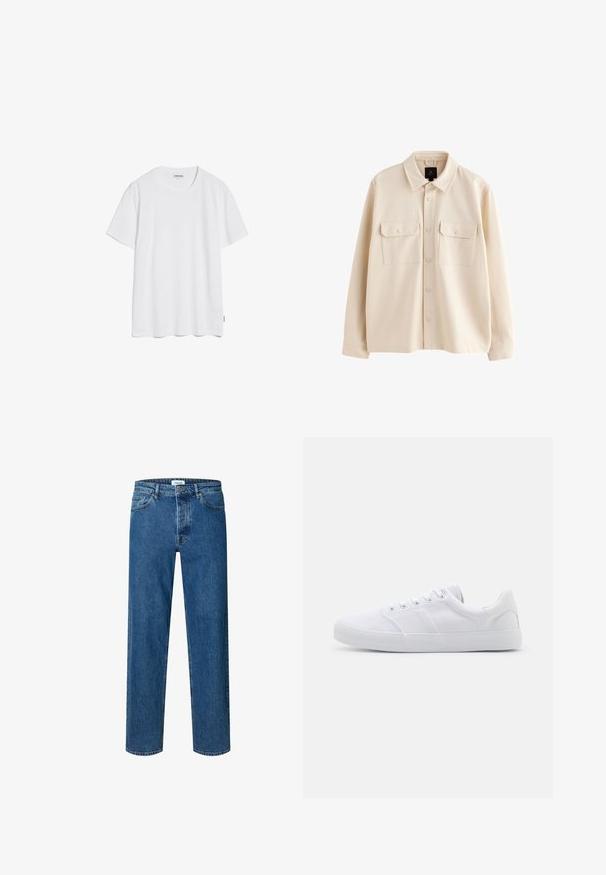 Beige overhemdjas met lange mouwen, kraag, knoopsluiting aan de voorkant en twee borstzakken met klep en knopen.; Witte katoenen T-shirt met korte mouwen, een ronde halslijn en een rechte zoom. Geen zichtbare patronen of logo's. Zachte textuur.; Blauwe straight-leg denim jeans met knoop- en ritssluiting, ceintuurlussen en een vijfzakkenontwerp.; Witte canvas sneakers met een rubberen zool, voorzien van zes oogjes, een gestructureerde neuskap en een minimalistisch ontwerp.