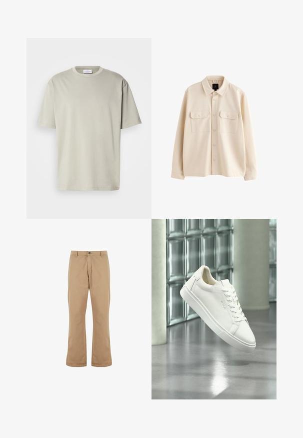 Beige värinen pitkähihaisen kauluksellinen paitatakki, jossa nappikiinnitys edessä ja kaksi läpällistä rintataskua, joissa napit.; Vaalea harmaa puuvillapaita, jossa on pyöreä kaula-aukko, lyhyet hihat ja rento istuvuus. Sileä pinta ja yksinkertainen muotoilu, ilman kuvioita tai koristeita.; Beige puuvillahousut suoran leikkauksen kanssa, varustettuna nappisulkemisella, etutaskuilla ja sileällä pinnalla.; Valkoinen matalakärkinen nauhallinen tennari leijuu heijastavan betonilattian yläpuolella, taustana lasiblokkiseinä.