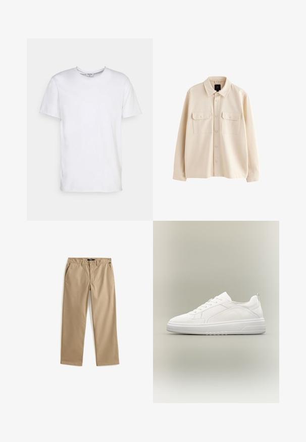 Beige langærmet skjortejakke med krave, forside med knapper og to brystlommer med klapper og knapper.; Hvid kortærmet t-shirt lavet af bomuld. Har en rund halsudskæring og en afslappet pasform uden synlige mønstre eller detaljer.; Beige bukser med lige ben, knap- og lynlåslukning, bæltestropper og sidelommer, lagt fladt på en hvid baggrund.; Hvid lavtop sneaker med snørelukning foran, teksturerede sidepaneler og tyk sål på neutral baggrund.