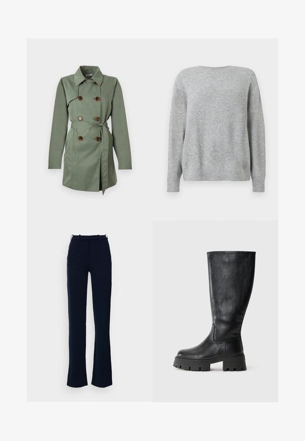 Grüner Trenchcoat aus Stoff mit doppelreihigem Design, braunen Knöpfen, Gürtel in der Taille und klassischem Kragen. Glatte Textur.; Hellgrauer Pullover aus weichem Stoff, mit Rundhalsausschnitt, lockerer Passform und gerippten Bündchen sowie Saum für Textur und Details.; Marineblaue Hose mit geradem Bein, aus einem glatten Stoff gefertigt, mit Gürtelschlaufen und einem Reißverschluss vorne.; Schwarze kniehohe Stiefel aus glattem Leder mit einer dicken, strukturierten Sohle und dezenten Nahtdetails an der Außenseite.