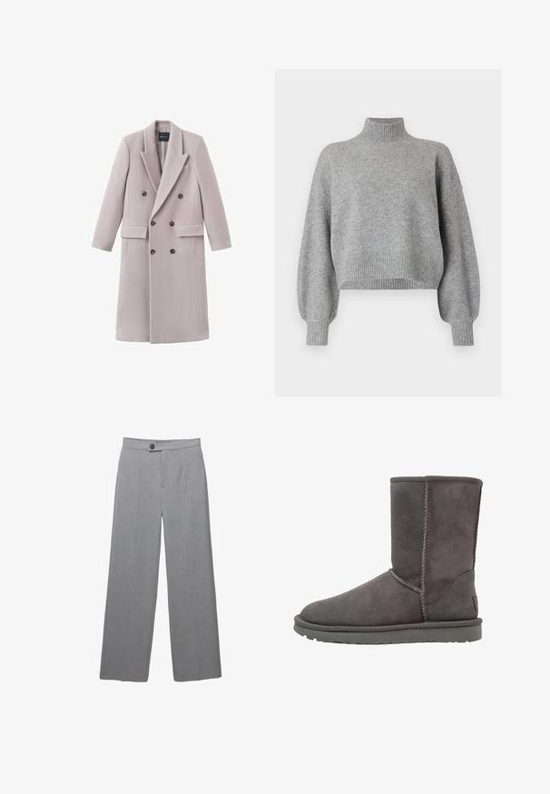 Lysegrå dobbeltradet frakke lavet af blødt stof, med en hakket krave, to forlommer og mørke knapper til lukning.; Grå cropped sweater med høj krave, ribbede mansjetter og kant, samt droppede skuldre. Blød tekstur med minimale sømme.; Grå skræddersyede bukser med bred ben, flad front og subtil tekstur. Har en enkelt knaplukning og rene linjer.; Grå ruskinds ankelstøvle med en rund tå, lodrette sømdetaljer og en flad gummisål. Har et enkelt, uudsmykket design.