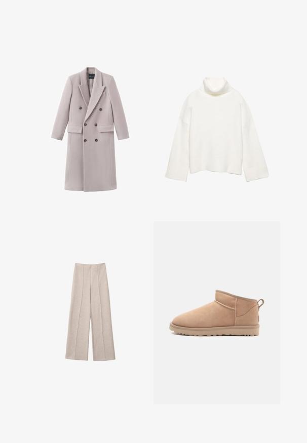 Manteau gris clair à double boutonnage en tissu doux, avec un col à revers, deux poches avant et des boutons foncés pour la fermeture.; Pull à col roulé blanc en tissu doux, présentant une coupe décontractée, des épaules tombantes et des poignets et un ourlet larges côtelés.; Pantalons larges beiges en tissu doux, avec des plis avant marqués et une taille haute cintrée, sans poches visibles.; Botte de cheville en daim beige avec un bout arrondi, une texture douce, un design simple et une semelle en caoutchouc à profil bas. Dispose d'une languette à l'arrière.