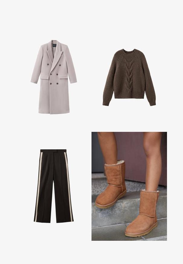 Manteau gris clair à double boutonnage en tissu doux, avec un col à revers, deux poches avant et des boutons foncés pour la fermeture.; Pull en tricot marron avec un col rond, des manches longues et un motif en torsades sur le devant. Ourlets et poignets côtelés.; Pantalon noir à jambes larges avec deux bandes verticales crème sur les côtés. Confectionné dans un tissu lisse avec une ceinture ajustée.; Bottines en suede marron, à bout rond, avec une doublure douce et une semelle en caoutchouc, présentant des détails de couture visibles le long des coutures.