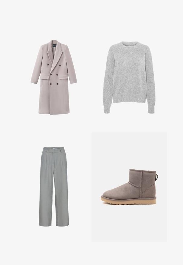 Manteau gris clair à double boutonnage en tissu doux, avec un col à revers, deux poches avant et des boutons foncés pour la fermeture.; Pull en maille gris avec des manches longues, un col rond, des bords-côtes aux poignets et à l'ourlet, présentant une texture douce et une coupe décontractée.; Pantalon gris sur mesure à coupe droite, avec plis, devant plat et texture de tissu lisse, fini avec une étiquette à la ceinture.; Botte d’hiver grise en suède à cheville basse, avec doublure douce et semelle en caoutchouc beige, vue de profil sur fond blanc uni.