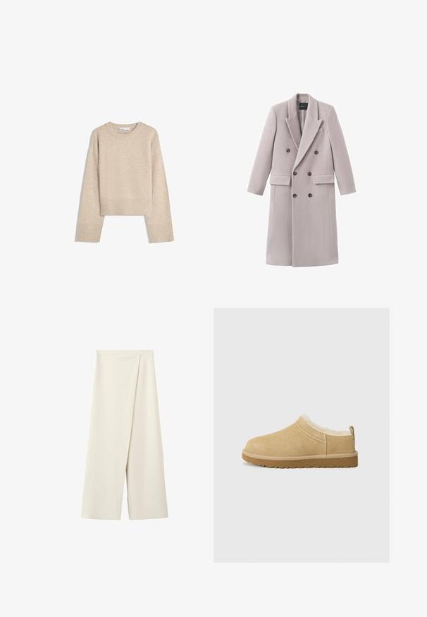 Lichtgrijze dubbelgeknoepte jas gemaakt van zachte stof, met een reverskraag, twee voorzakken en donkere knopen als sluiting.; Beige cropped sweater gemaakt van zacht breimateriaal. Heeft een ronde halslijn, lange mouwen en geribde boorden en onderkant voor extra textuur.; Crèmekleurige broek met wijde pijpen, een hoge taille en een overlappend voorpaneel.; Suède instap schoenen in licht bruin, met een zachte bontvoering en een gemeleerde rubberen zool met een lichte hak en een trekhaakje aan de achterkant voor gemakkelijk aan- en uittrekken.