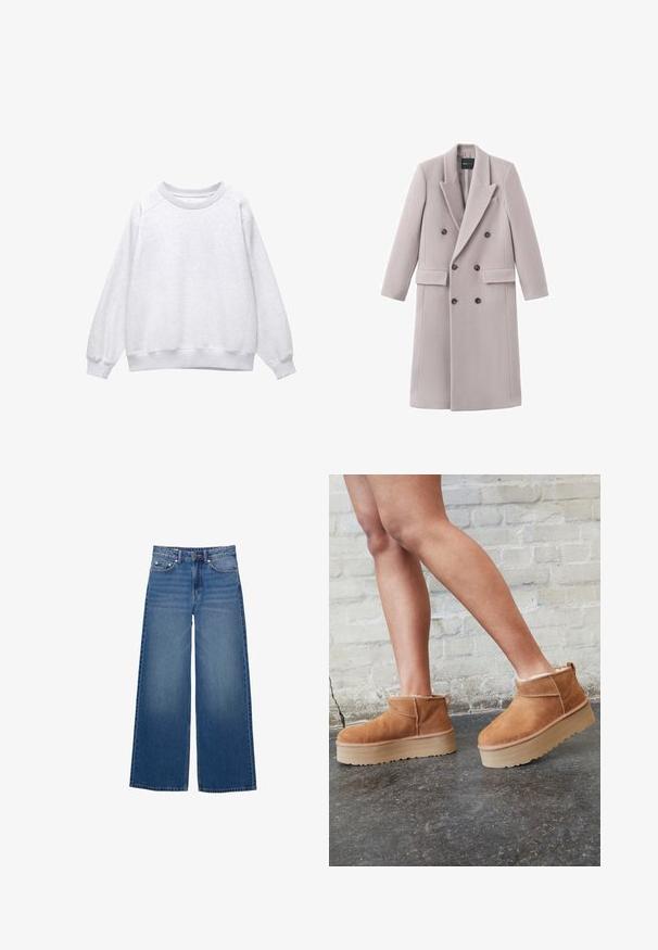 Lysegrå dobbeltradet frakke lavet af blødt stof, med en hakket krave, to forlommer og mørke knapper til lukning.; Lys grå sweatshirt med rund hals, lange ærmer og ribstrikkede manchetter og kant, vist på en hvid baggrund.; Vidde-ben denimjeans i en mellemblå vask, med høj talje, fem-lomme design og syningsdetaljer langs sømmene.; Brune ruskinds ankelsko med en blød foring, tyk beige plattformsål og en bageste løkke. Tekstureret overflade med synlige sømdetaljer.