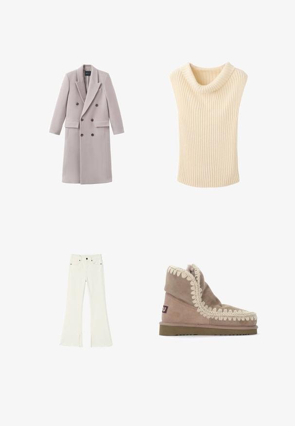 Manteau gris clair à double boutonnage en tissu doux, avec un col à revers, deux poches avant et des boutons foncés pour la fermeture.; Veste sans manches en tricot côtelé de couleur crème avec un col roulé plié sur fond blanc.; Jean écru taille haute avec jambe évasée, bouton devant, fermeture éclair et design à cinq poches, avec bords bruts au bas.; Botte cheville en suède beige avec un bord tressé crème texturé le long de l'ouverture et une semelle en caoutchouc. Doublure douce visible en haut.