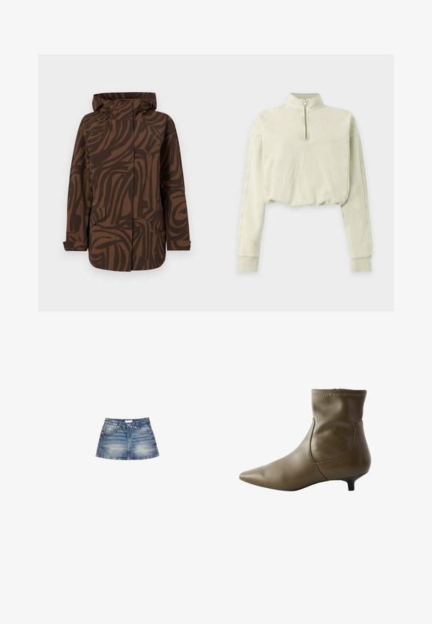 Brun mønstret jakke med hætte, der har abstrakte mørkebrune striber, to frontlommer og et afslappet fit design.; Lysebeige cropped sweatshirt med lange ærmer, ribkanter og en kort lynlås foran op til en høj hals.; Denim mini nederdel i lyseblå vask, med en tætsiddende talje, forlommer og en svungen kant med let falming og færdige kanter.; Brun læder ankelstøvle med spids tå og en lav kitten hæl, der har et elegant design og diskrete sy detaljer langs toppen.