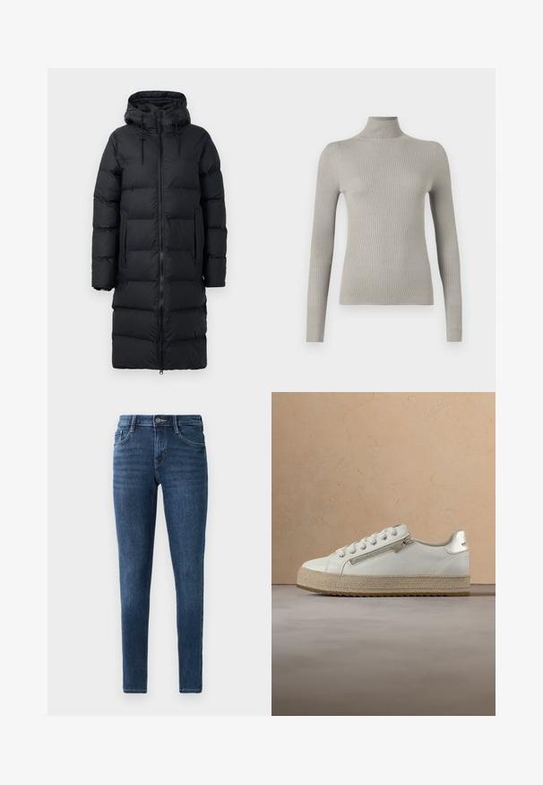 Sort polstret lang jakke med hætte, featuring en frontlynlås, elastiske snore og to sidelommer. Glat stof med kasseformet quiltet mønster.; Lys grå, ribbet turtleneck sweater med lange ærmer. Blød tekstur, tætsiddende design, med høj hals og sømløs finish.; Mørkeblå denim skinny jeans med et klassisk fem-lomme design, frontknaplukning og subtile syninger. Glat tekstur hele vejen igennem.; Hvid lædersneaker med beige tekstureret sål, med lynlås i siden og snørebånd, hængende over et neutralt gulv og et bord i træ.