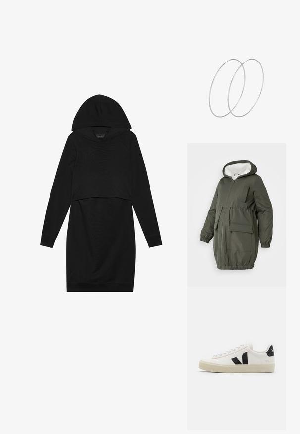 Olive roheline parka voodriga kapuutsiga, täispika tõmblukuga, elastsete mansettide ja mitmete taskutega. Valmistatud siledast, veekindlast kangast.; Must mustriga kleit, millel on kapuuts, pikad varrukad ja lühendatud disain. Valmistatud pehmest kangast, millel on sile tekstuur ja soonikkoes mansetid.; Valge nahast teniseking, millel on must kummist V logo. Tekstuuriga heledat valget värvi tald, valged paelad ja tagakanna detail, millel on brändinimi mustas kirjas.; Hõbedased rõngastikkaehingad minimalistlikus disainis. Ümar kuju, sile tekstuur ja õhuke profiil. Kerged ning poleeritud viimistlusega.