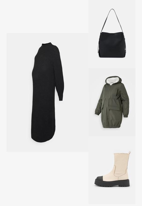 Olijfgroene parka met gevoerde capuchon, volledige rits, elastische manchetten en meerdere zakken. Gemaakt van gladde, waterafstotende stof.; ONLY MATERNITY OLMLUCCA DRESS - Gebreide jurk - black; Steve Madden GENNA - Enkellaarsjes met plateauzool - bone/black; Pieces PCBONY - Handtas - black