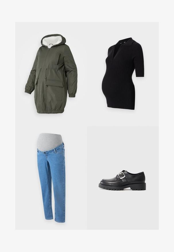 Olijfgroene parka met gevoerde capuchon, volledige rits, elastische manchetten en meerdere zakken. Gemaakt van gladde, waterafstotende stof.; Zwarte geribbelde zwangerschapsjurk met een korte polo kraag en korte mouwen, ontworpen om een groeiende buik te accommoderen.; Lichtblauwe zwangerschapsjeans met een rekbare grijze buikband, voorzien van frontzakken en een relaxte pasvorm. Close-up van de denimtextuur.; Zwarte leren schoenen met een ronde neus, voorzien van een zijbuckle en een dikke, robuuste zool. Glad textuur met minimale stiksels.