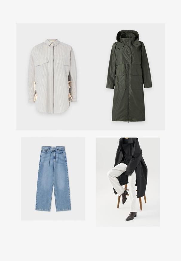 Manteau imperméable vert foncé avec une capuche, fermeture éclair, deux grandes poches avant et une coupe décontractée. Texture lisse et design de longueur intermédiaire.; Chemise rayée dans des tons bleu clair et crème, dotée d'un col évasé, de deux poches poitrine avec des boutons dorés, et de liens réglables sur les côtés.; Jean large bleu clair taille haute, fermeture par bouton et zip, poches avant et ceinture fine à cordon.; Un trench-coat noir, surdimensionné, porté sur un haut noir, associé à un pantalon blanc et des bottines à bout pointu marron, assis sur un tabouret en bois.