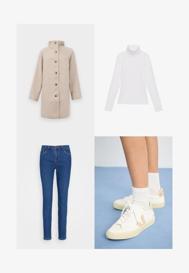 Beige Wollmantel mit hohem Kragen, langen Ärmeln und sechs großen braunen Knöpfen auf der Vorderseite, präsentiert auf einem schlichten weißen Hintergrund.; Weißes Langarm-Turtleneck-Oberteil aus glattem, elastischem Stoff. Mit hohem Kragen und tailliertem Schnitt, ohne sichtbare Muster oder Verzierungen.; Schmale Jeans aus mittlerem blauen Denim mit einer mittelhohen Taille, im Fünf-Taschen-Design und mit subtilen Stichakzenten. Glatte Textur und klassischer Schnitt.; Weiße Sneaker mit braunen Akzenten, runder Spitze und weißen Schnürsenkeln. Getragen mit gerippten weißen Socken, vor einem hellblauen Hintergrund.
