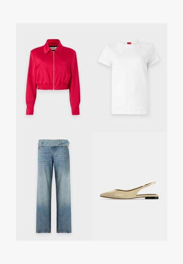 Chaqueta corta de tejido rosa brillante, con cuello, cremallera frontal, cinturilla elástica y mangas largas con puños.; Camiseta blanca de manga corta hecha de algodón ligero. Presenta un escote redondo y mangas enrolladas. Etiqueta de logo roja en el cuello.; Jeans de mezclilla azul claro con un diseño de pierna ancha, que presentan una cintura con cinturón a juego y un desvanecimiento gradual de oscuro a claro.; Zapato plano beige con puntera puntiaguda, diseño slingback, tacón bajo negro y acabado en cuero liso, mostrado de perfil sobre un fondo liso.