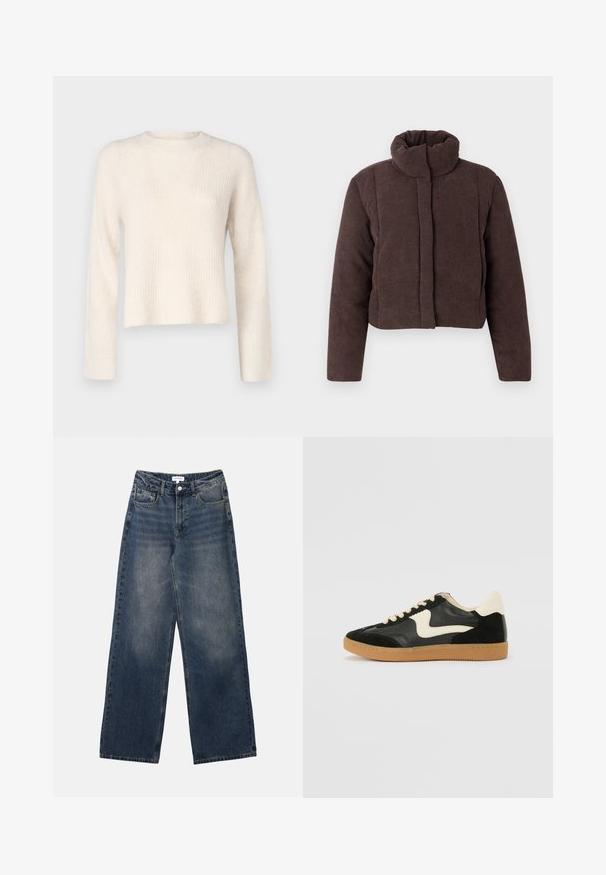 Veste courte en velours côtelé brun avec col montant et manches longues, présentée à plat sur un fond blanc.; JDY Knitted JDYINGEBORG Knitted - Pullover - pumice stone; Jeans en denim bleu taille haute pour hommes, avec jambes larges, bouton et fermeture éclair à l'avant, ainsi que poches avant et arrière.; Baskets en daim et cuir noir avec un swoosh latéral crème et un talon crème clair. Dotées de lacets beige et d'une semelle en caoutchouc gomme.