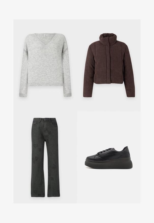 Veste courte en velours côtelé brun avec col montant et manches longues, présentée à plat sur un fond blanc.; Pull gris en V en matériau doux, avec une coupe décontractée et agrémenté de petits sequins argentés sur tout le tissu.; Jean large noir avec des imprimés floraux, de cœurs et de papillons décolorés, fermeture à bouton à l'avant, et design à cinq poches.; Baskets noires avec une tige lisse en synthétique, bout arrondi et six œillets. Présentent une semelle épaisse et texturée pour l'adhérence et le soutien.