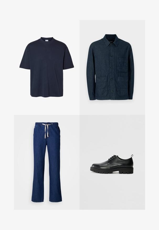 Donkerblauwe lange mouwen jas met knopen, verticale strepen, drie voorzakken en een klassieke kraag op effen achtergrond.; Effen donker marineblauw T-shirt met korte mouwen, een ronde hals en een reguliere pasvorm, weergegeven op een witte achtergrond.; Donkerblauwe denimbroek met een relaxte pasvorm, elastische tailleband, trekkoordsluiting en zijzakken. Gladde textuur en rechte pijpen.; Zwarte lederen schoen met een ronde neus, voorzien van een vetersluiting, stevige zwarte rubberen zool en een klein hieltabje aan de achterkant.