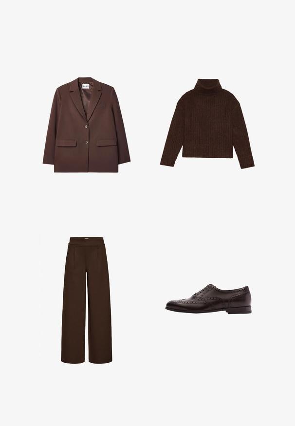 NA-KD OPEN BACK - Korte frakker - brown; Brun ribbet turtleneck sweater med lange ærmer og cropped silhuet, med et tykkere, struktureret strikdesign.; Brune vide bukser lavet af glat stof, med en høj talje og to frontfolder, designet til en løs pasform.; Brune læder dress sko med brogue-detaljer, snørebånds lukning, rund tå og en lav stablet hæl. Poleret finish og indviklede perforeringer.