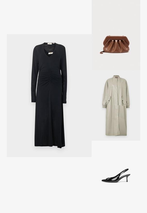 Long manteau en cuir beige avec col et poignets côtelés, poches avant à pression et fermeture à boutons cachée.; Robe noire à manches longues avec un décolleté en V, présentant des fronces à la taille et une silhouette évasée en ligne A. Texture de tissu doux.; Escarpins slingback en cuir verni noir avec un bout pointu et une finition brillante. Présente un talon fin et un accent arrondi au dessus du pied.; Pochette en cuir marron au design plissé et structure rigide en haut, équipée d'une petite anse pour poignet et de détails de fermoir dorés.