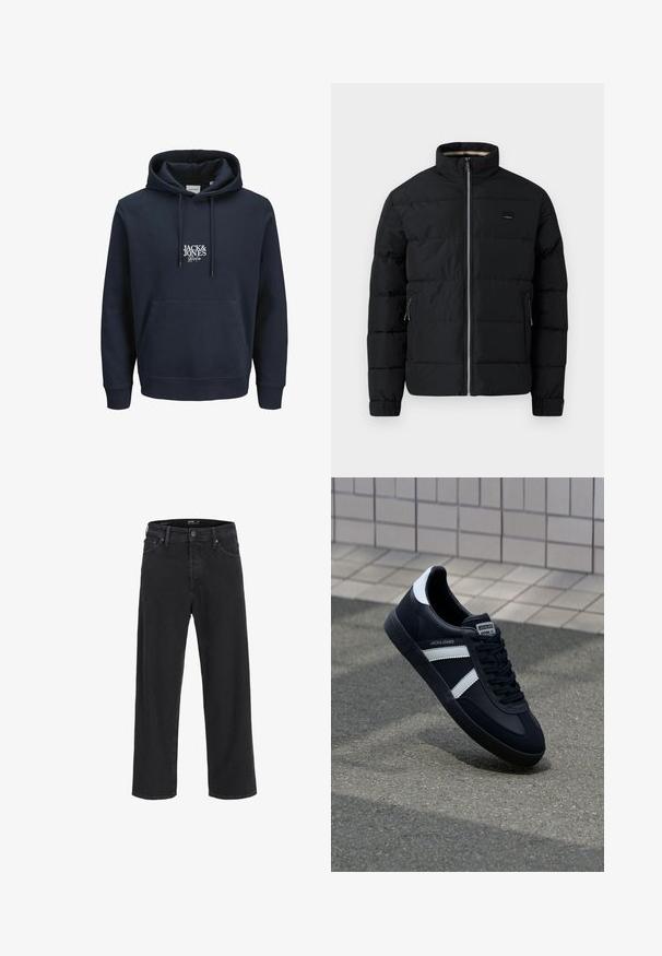 Veste matelassée noire avec col haut, fermeture éclair à l'avant, poches latérales zippées et poignets ajustables.; Hoodie bleu marine avec une capuche à cordon, poche kangourou à l'avant et logo brodé blanc "JACK & JONES" sur la poitrine. Matière douce.; Jean en denim noir à jambe droite avec fermeture à bouton et à zip, passants de ceinture, et poches avant et arrière.; Sneaker en cuir noir avec des rayures blanches, semelle en caoutchouc texturée et devant à lacets. Présente une étiquette de marque sur la languette.