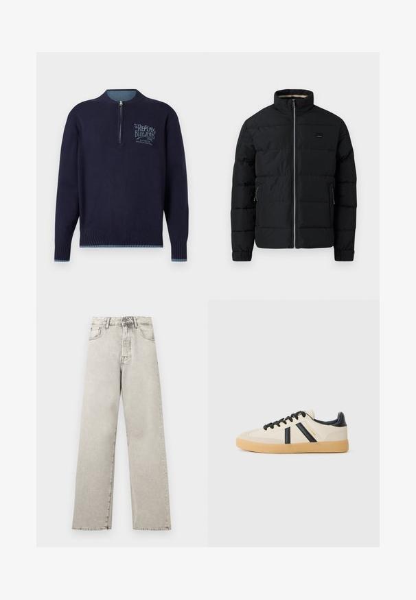 Chaqueta acolchada negra con cuello alto, cierre frontal, bolsillos laterales con cremallera y puños ajustables.; Sudadera de manga larga azul marino con cremallera de cuarto, puños y dobladillo acanalados, y logotipo azul claro "Replay Blue Jeans" en el lado izquierdo del pecho.; Jeans de mezclilla gris claro de tiro alto y corte recto, con bolsillos delanteros, trabillas para cinturón y cierre de botón y cremallera.; Zapatillas casuales en crema con rayas negras, con parte superior texturizada y suela de goma. Los cordones son negros. Logo sutil en el costado.