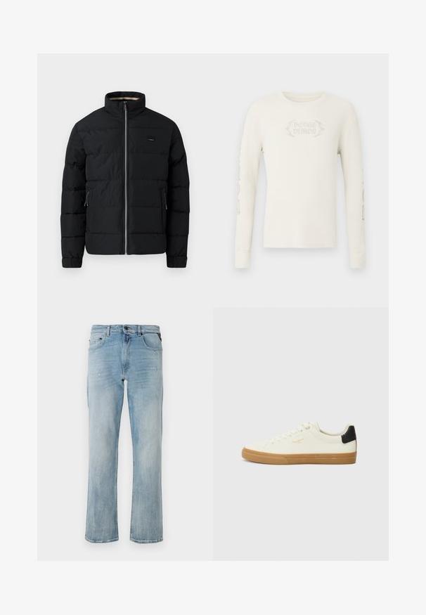 Veste matelassée noire avec col haut, fermeture éclair à l'avant, poches latérales zippées et poignets ajustables.; T-shirt à manches longues en coton côtelé crème avec "DODGE DEMON" brodé sur le devant et des graphismes imprimés sur la manche droite. Texture douce.; Jean en denim bleu clair à coupe décontractée, mettant en avant des détails légèrement usés et un design classique à cinq poches.; Sneaker en toile blanche avec une semelle en gomme, accent au talon noir, bout rond et design à lacets. Présente le logo de la marque en doré sur le côté.