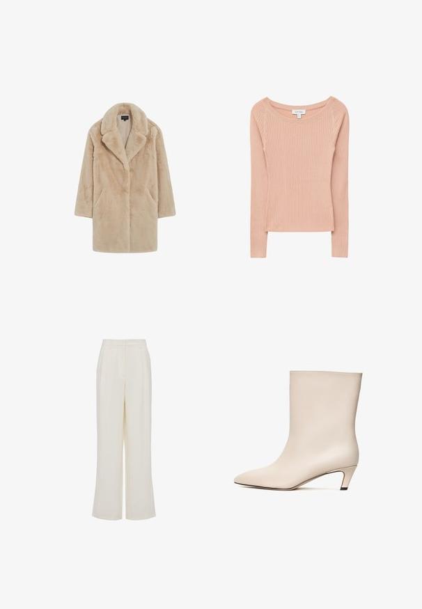 Caroll FRENCH BRAND FASHION ELEGANT; MODERN - Halflange jas - marron; Lichtroze geribd shirt met lange mouwen en een brede halslijn. De stof heeft een textuur met verticale lijnen en een aangesloten silhouet.; Roomy broek in roomkleur met hoge taille, riemlussen en voorplooien op een witte achtergrond.; Beige leren enkelboot met een pointed toe en een conische hak. Gladde textuur met minimale stiknaden en een slanke silhouet.