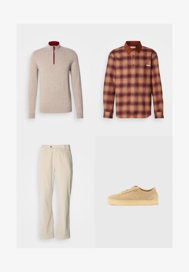 Chemise à carreaux dans des teintes de rouge et beige, avec un col en peau suédée marron, une fermeture à boutons sur le devant et des manches longues avec des poignets boutonnés.; Pull marin beige avec un col haut et une courte fermeture éclair. Présente des accents rouges le long de la fermeture éclair et une texture lisse et douce.; Pantalon en velours côtelé beige avec fermeture à bouton et à fermeture éclair, passants de ceinture et coupe droite sur fond blanc.; Baskets basses en daim beige avec semelle épaisse en gomme, fermeture à lacets à l'avant, et logo discret sur le côté, sur un fond uni gris clair.