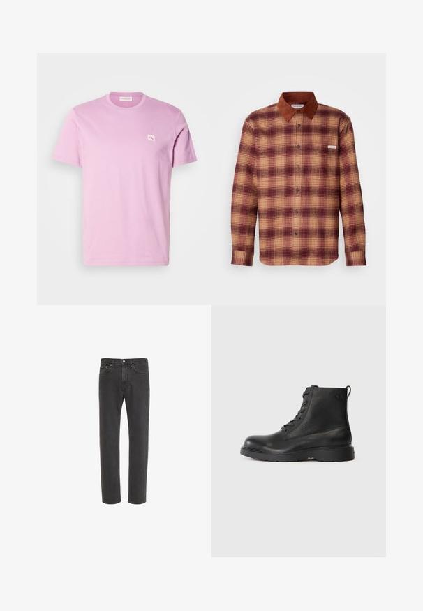 Camisa de cuadros en tonos rojos y beige, con un cuello de ante marrón, cierre frontal con botones y mangas largas con puños abotonados.; Camiseta de algodón rosa con cuello redondo, mangas cortas y un pequeño parche blanco con el logo de Calvin Klein en el lado izquierdo del pecho.; Vaqueros negros de corte recto con cierre delantero de botón y cremallera, bolsillos delanteros y traseros, mostrados sobre fondo blanco.; Botín negro de tobillo hecho de cuero texturizado con punta redonda, diseño con cordones y una resistente suela de goma negra. Presenta un lazo en el talón.