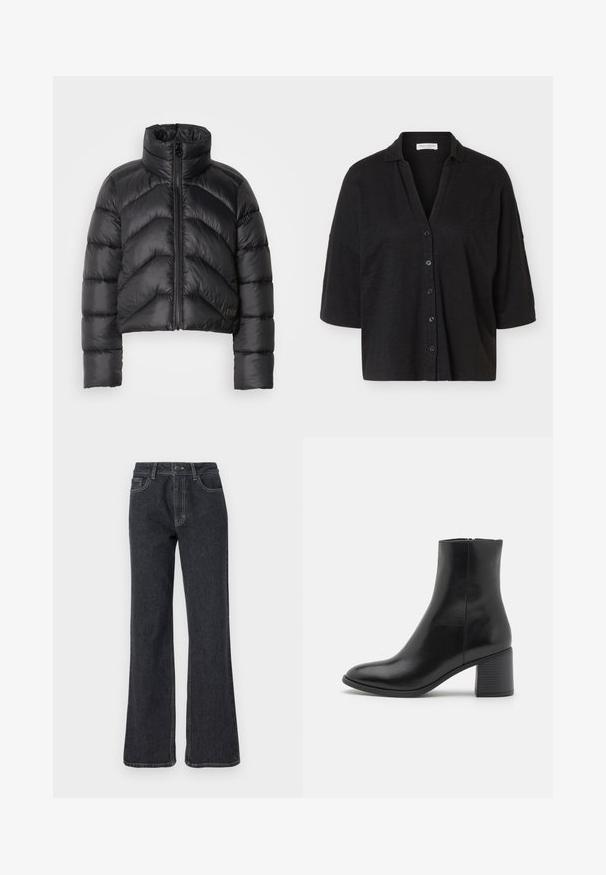 Schwarze, kurz geschnittene Pufferjacke mit hohem Kragen, Reißverschluss vorne, Chevron-Steppung und glatter Textur.; Schwarzes locker geschnittenes Hemd mit durchgehender Knopfleiste, weiten mittellangen Ärmeln und kleinem Kragen, auf hellem einfarbigem Hintergrund gezeigt.; Dunkelblaue Schlagjeans mit hoher Taille, goldenen Nähten, fünf Taschen und Knopfverschluss. Glatte Textur, gerades Bein Design.; Schwarze Lederstiefelette mit abgerundetem Zehenbereich, mittelhohem Blockabsatz und glatter Oberfläche. Verfügt über einen dezenten seitlichen Reißverschluss.