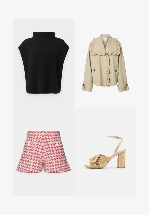 Veste courte beige avec grand col à volants, volants le long de la patte de boutonnage, poignets boutonnés, et deux poches avant avec boutons marron.; Haut noir sans manches avec un col montant et une coupe ample, présenté sur un fond blanc uni.; Claudie Pierlot Short - red/white; Sandales dorées à talons avec un devant noué, texture plissée et une bride de cheville. Le talon carré a un design strié, améliorant l'adhérence.