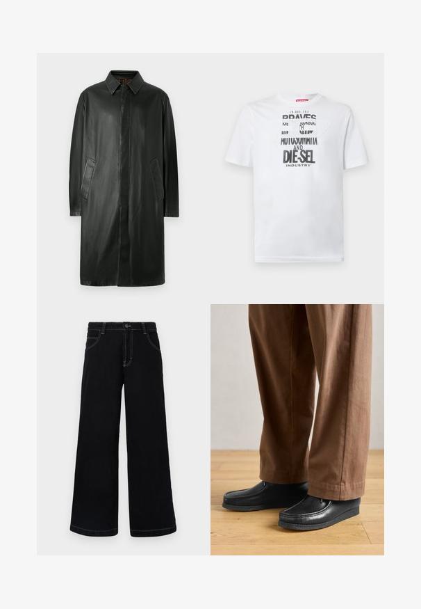 Zwarte leren jas met een kraag, lange mouwen en zijzakken. Glad textuur en recht gesneden ontwerp.; Wit katoenen T-shirt met gedurfde zwarte typografie met de woorden "BRAVES" en "DIE-SEL INDUSTRY" en een semi-transparant uitgesneden ontwerp.; Zwarte wijde spijkerbroek met knoopsluiting, vijf zakken en contrasterende witte stiksels langs de naden.; Zwarte leren schoenen met een mocassinstijl en steekdetails, gecombineerd met een paarse broek, op een houten vloer.