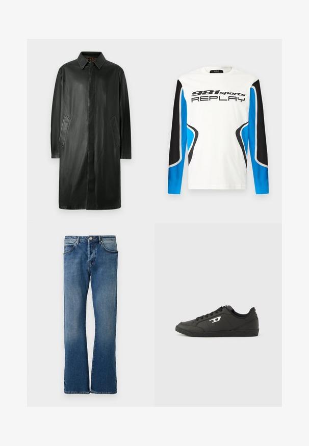 Zwarte leren jas met een kraag, lange mouwen en zijzakken. Glad textuur en recht gesneden ontwerp.; Langermige sportshirt met een witte voorkant, zwart en blauwe mouwen en het logo "981 sports REPLAY" gedrukt op de borst.; Lichtblauwe denim jeans met een rechte pijpontwerp, voorzien van vijf zakken, een knoopsluiting en subtiele vervagingen op de stof.; Zwarte sneakers van synthetisch materiaal met een geribbelde zwarte zool, ronde neus en vlakke zwarte veters. Opvallend wit logomerk aan de buitenzijde.