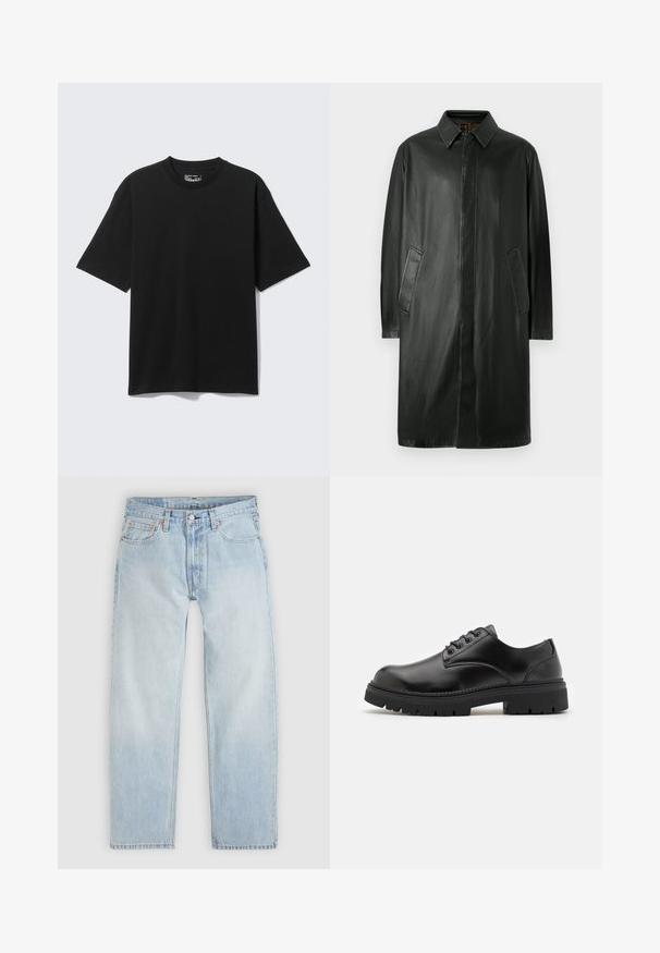 Zwarte leren jas met een kraag, lange mouwen en zijzakken. Glad textuur en recht gesneden ontwerp.; Zwart T-shirt met korte mouwen, losse pasvorm en ronde hals, plat afgebeeld op een lichtgrijze achtergrond.; Lichtblauwe spijkerbroek met een ontspannen pasvorm, met vijf zakken, een knoopsluiting en subtiele oranje stikseldetails.; Zwarte leren schoenen met een ronde neus, vetersluiting en een dikke, gestructureerde rubberen zool. Kenmerken zijn stiksels langs de rand en een gladde afwerking.