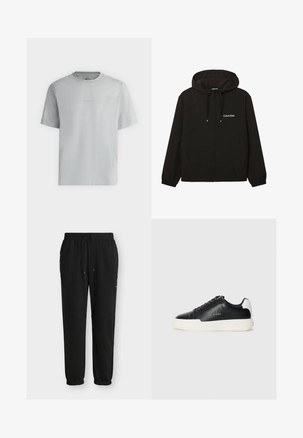 Veste noire zippée à capuche avec poches avant, poignets élastiques, cordons et logo Calvin Klein blanc sur la poitrine gauche.; T-shirt gris clair à manches courtes avec col rond et logo « Calvin Klein » embossé centré sur la poitrine.; Pantalon de jogging noir décontracté avec taille élastique, cordon, poches latérales et poignets élastiques sur un fond clair uni.; Baskets en cuir noir avec semelle en caoutchouc blanche. Présentent un bout arrondi, un design à lacets et un détail de logo sur le côté. Accent arrière en blanc.