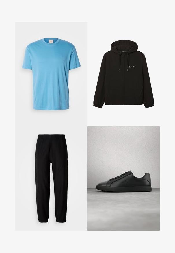 Sort lynlåsjakke med hætte, forlommer, elastiske manchetter, snore og hvid Calvin Klein-logo på venstre bryst.; Lys blå kortærmet bomulds t-shirt med rund hals og et lille, broderet logo på brystet. Glat tekstur, almindelig pasform.; Sorte træningsbukser med elastisk talje, tapered ben og manchetter. Glat stoftekstur. Logo detalje på siden.; Sort læder sneaker med snørebånd og præget "ck" logo, der svæver over en grå gulv nær en glasblokvæg.