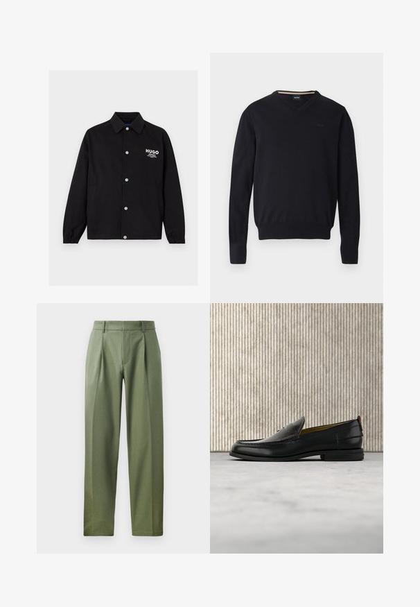 Schwarze Jacke mit Knöpfen und Kragen, elastischen Bündchen, seitlichen Taschen und weißem "HUGO"-Logo auf der linken Brust.; Schwarzer V-Ausschnitt-Pullover aus weichem Strickstoff. Ausgestattet mit langen Ärmeln, gerippten Bündchen und Saum sowie einem geprägten Logodetail auf der Brust.; Maßgeschneiderte Hose aus olivgrünem Stoff mit glatter Textur, ausgestattet mit zwei vorderen Falten, Gürtelschlaufen und geradem Bein.; Schwarzer Herren-Slipper aus Leder mit einer krokogeprägten Vorderkappe und einem niedrigen Absatz, im Profil vor neutralem Hintergrund gezeigt.