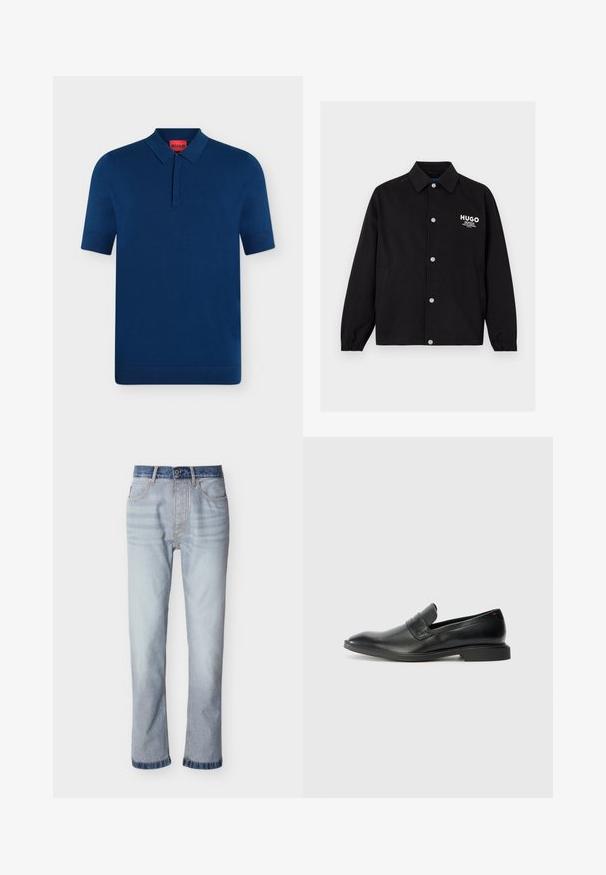 Veste noire à boutons avec col, poignets élastiques, poches latérales et logo blanc « HUGO » sur la poitrine gauche.; Polo bleu marine à manches courtes avec col et patte de boutonnage, avec une étiquette rouge à l'intérieur de l'encolure.; Jean denim bleu clair avec une ceinture bleu foncé, coupe droite, cinq poches et détails de couture visibles.; Mocassins en cuir noir avec une texture lisse, un nez pointu et un petit talon rectangulaire. Présente un détail de bande horizontale sur le dessus.